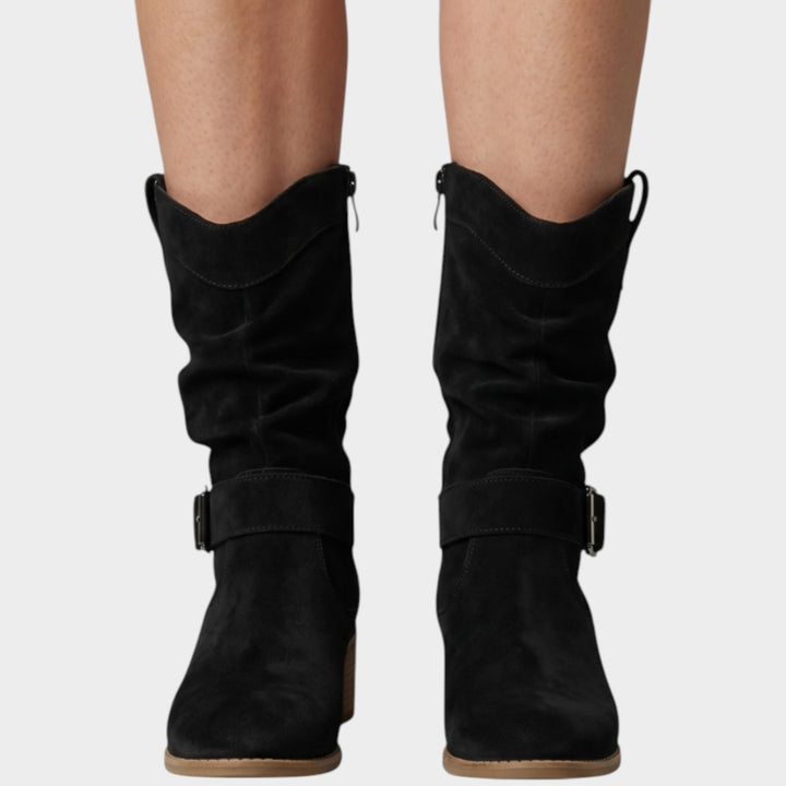 Women’s Suede Mid Calf Slouch Boots Side Zip Block Heel