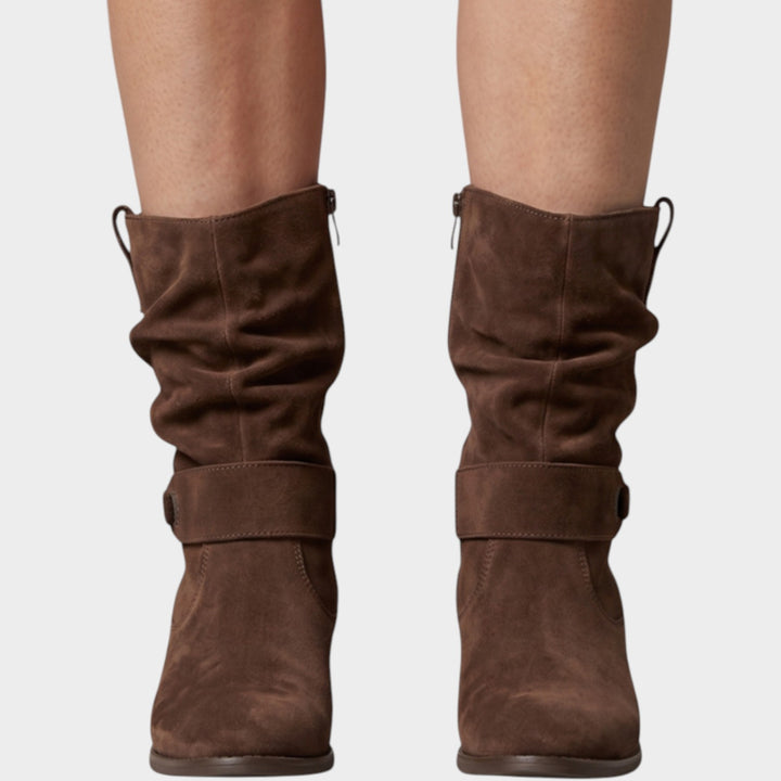 Women’s Suede Mid Calf Slouch Boots Side Zip Block Heel