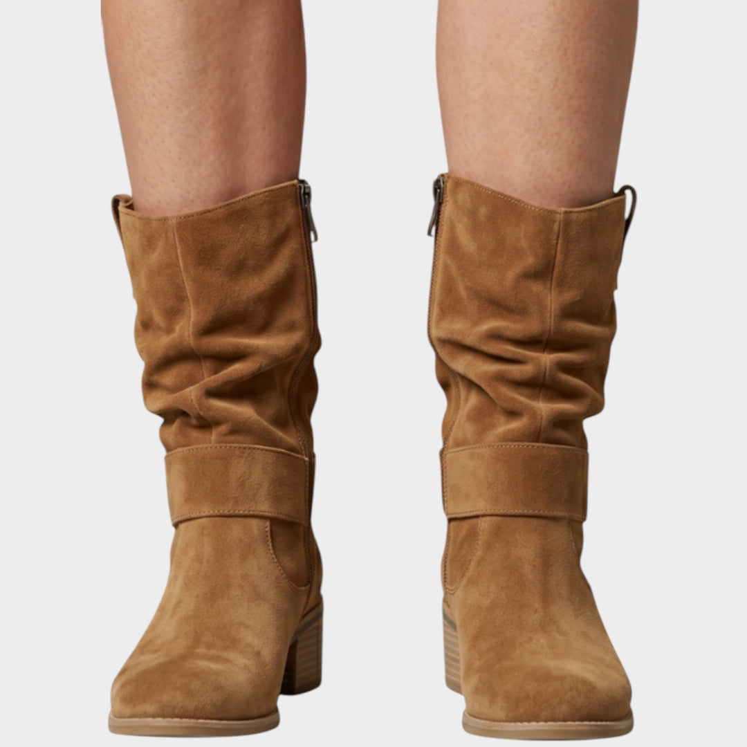 Women’s Suede Mid Calf Slouch Boots Side Zip Block Heel