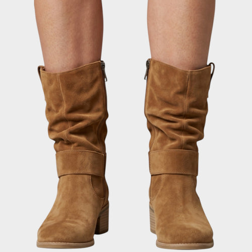 Women’s Suede Mid Calf Slouch Boots Side Zip Block Heel