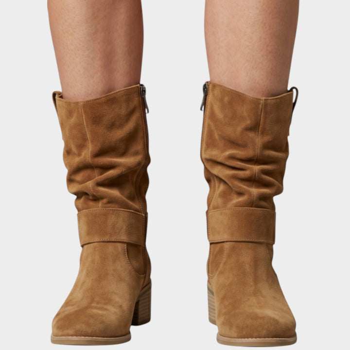 Women’s Suede Mid Calf Slouch Boots Side Zip Block Heel