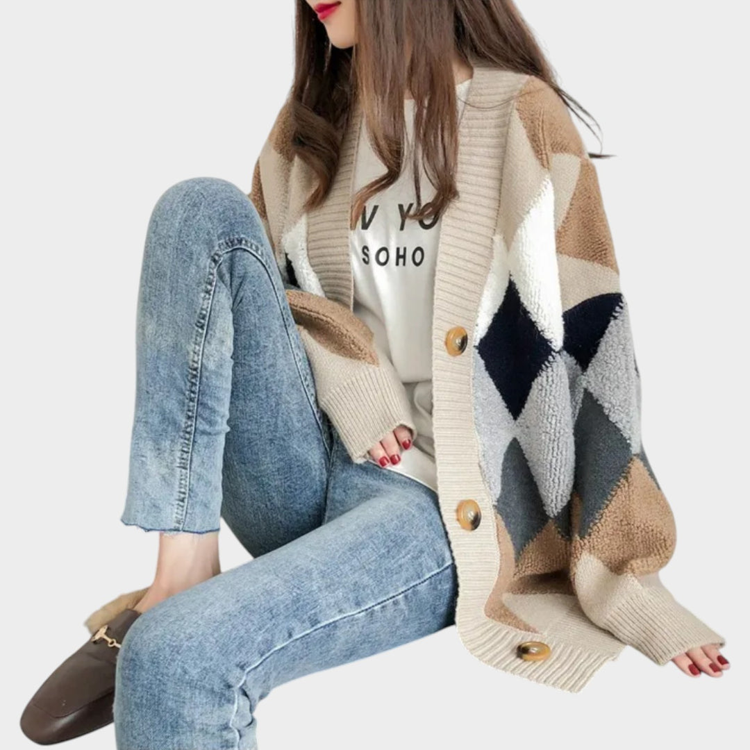 Women’s Knit Cardigan Plaid Pattern V-Neck
