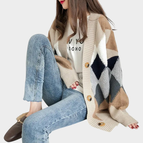 Women’s Knit Cardigan Plaid Pattern V-Neck