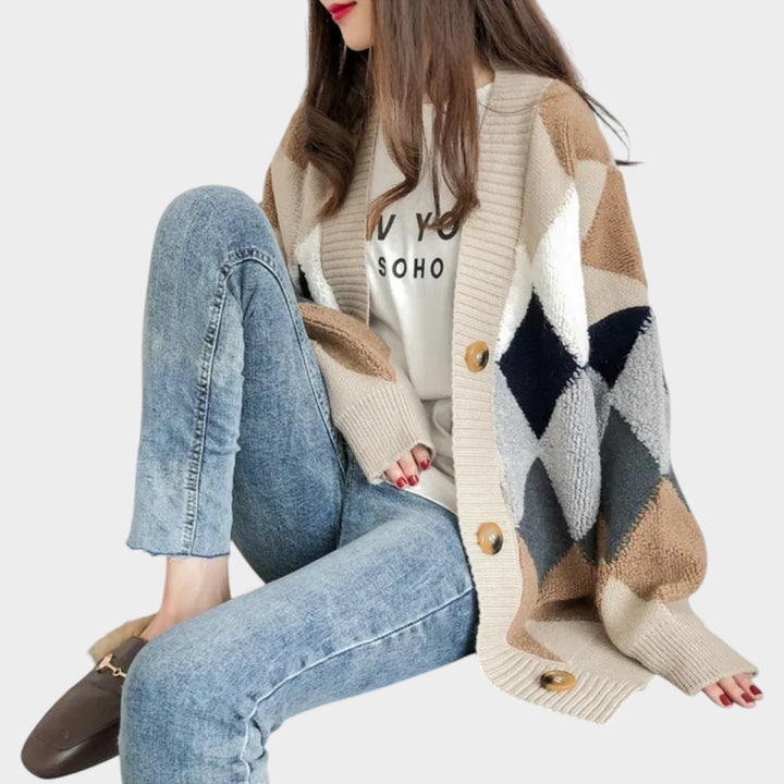 Women’s Knit Cardigan Plaid Pattern V-Neck