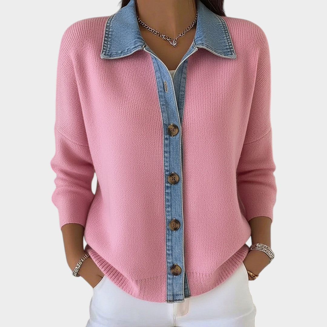 Women’s Knit Cardigan Polo Collar Denim Patch Button Front