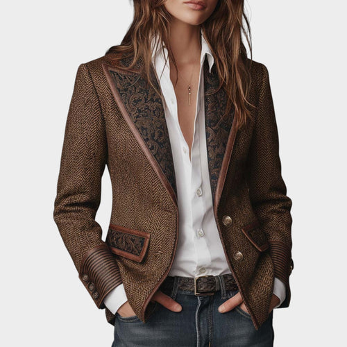 Women's Vintage Blazer Herringbone Pattern Button Front