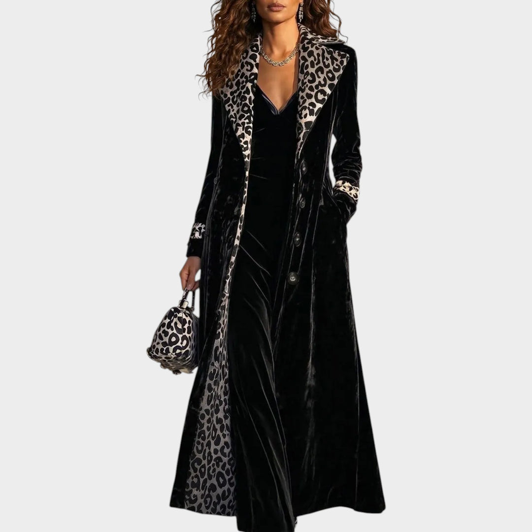 Women’s Velvet Long Coat Leopard Print Color Block