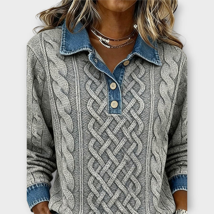 Denim-Collar Cable Knit Sweater