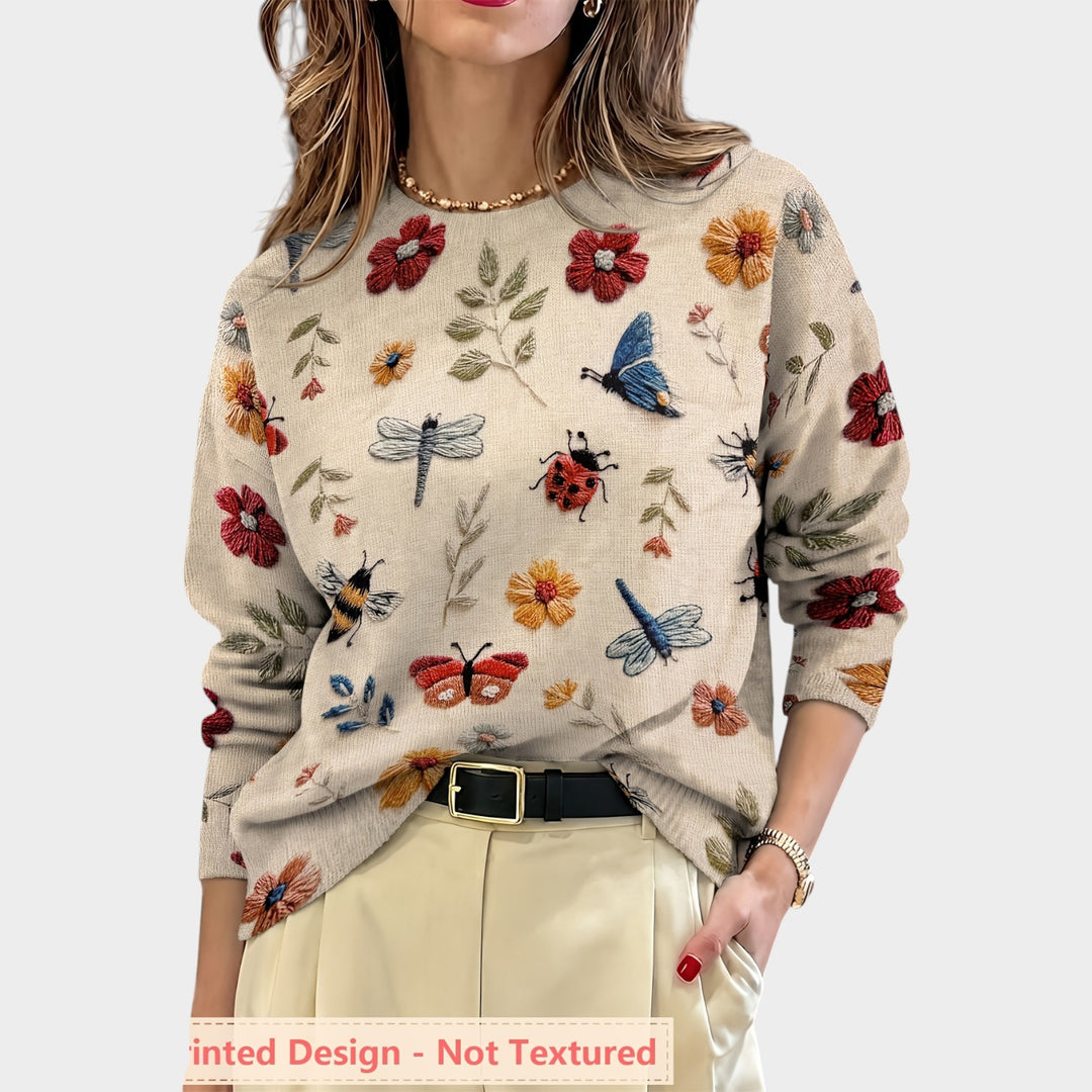 Women’s Knit Sweater Floral Print Crew Neck Long Sleeve