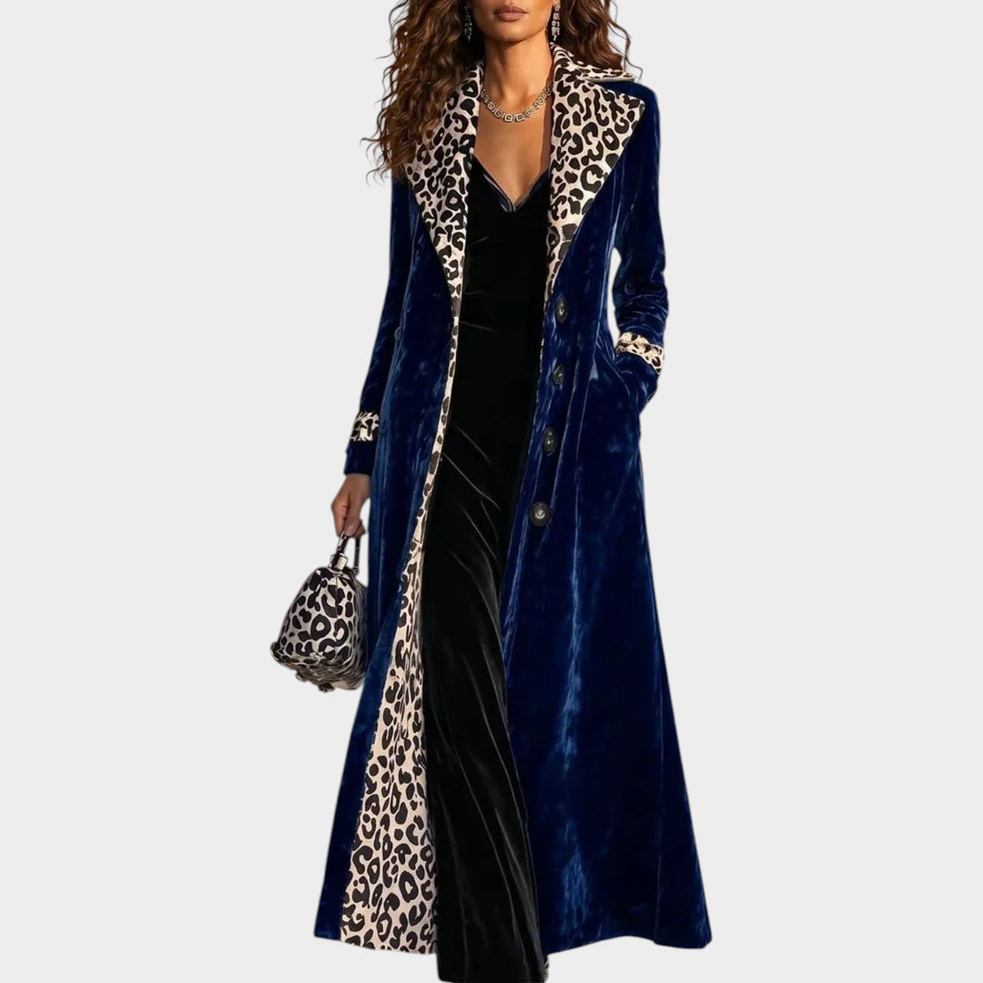 Women’s Velvet Long Coat Leopard Print Color Block