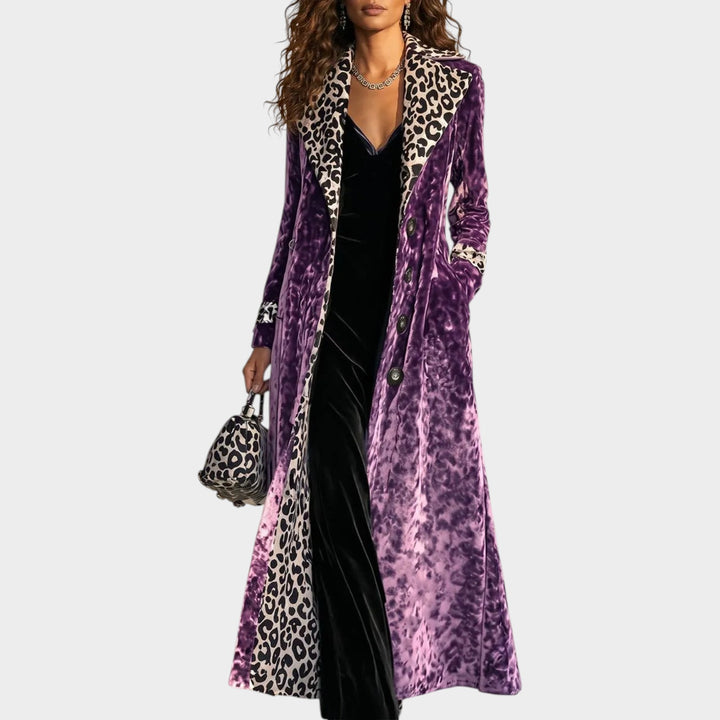 Women’s Velvet Long Coat Leopard Print Color Block