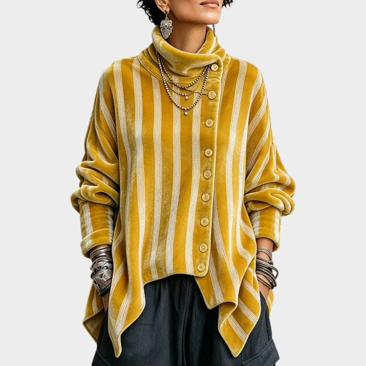 Women’s Velvet Turtleneck Top Asymmetric Button Detail