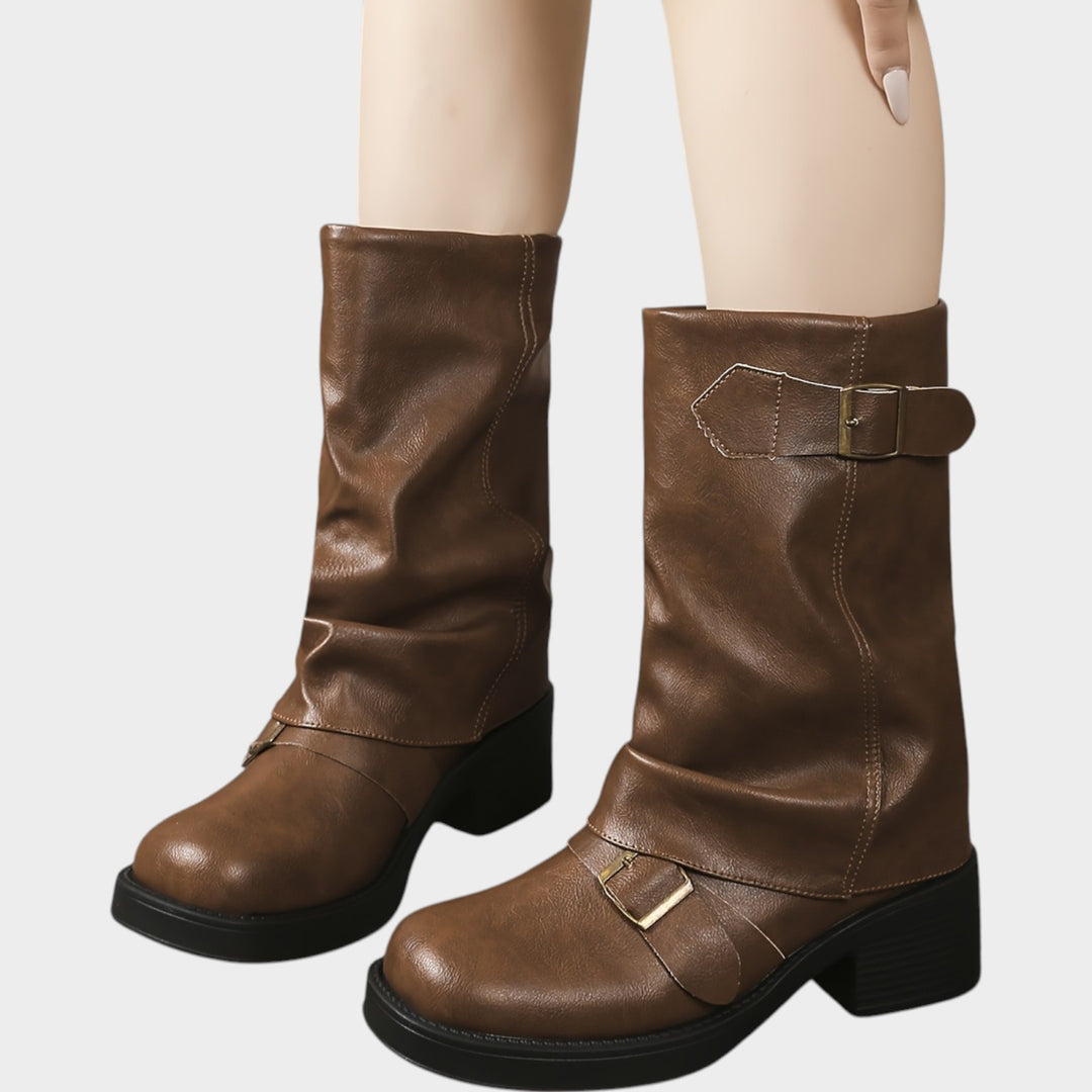 Women’s Slouch Boots Buckle Chunky Heel Thick Sole Pleated