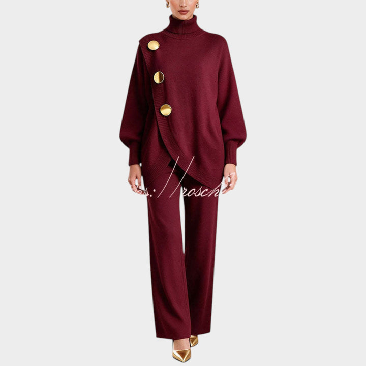 Women’s Knit Top and Pants Set Asymmetric Button Wide Leg