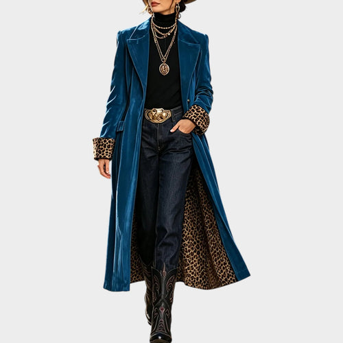 Women’s Leopard Velvet Coat Longline Paneled Design