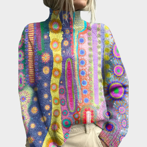 Women's Knit Turtleneck Sweater Colorful Abstract Pattern