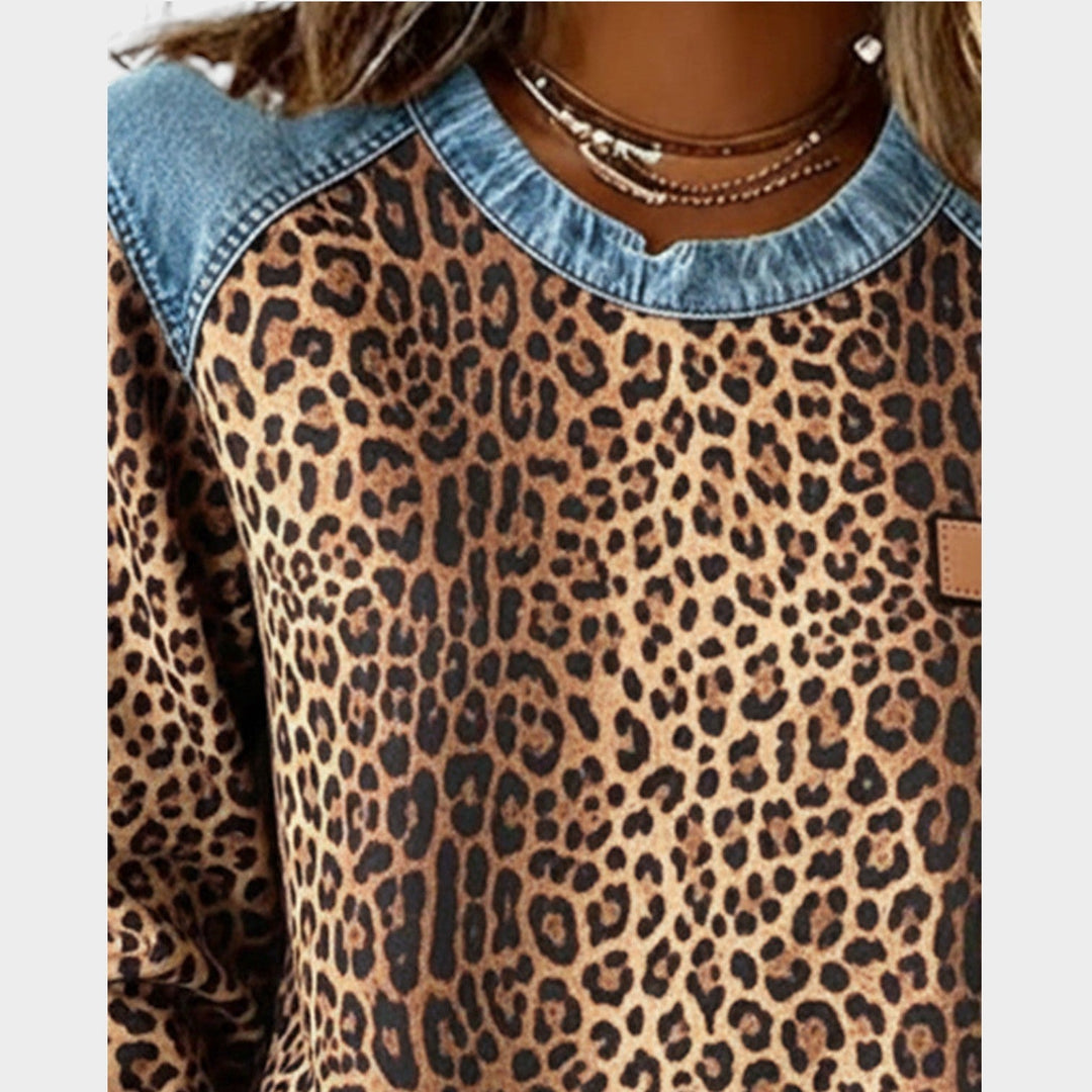 Women’s Sweater Leopard Print Denim Trim Relaxed Fit