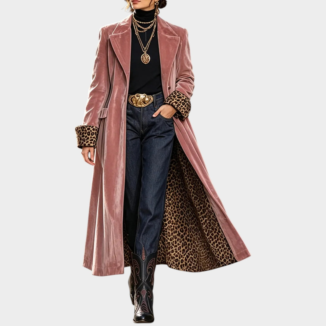 Women’s Leopard Velvet Coat Longline Paneled Design