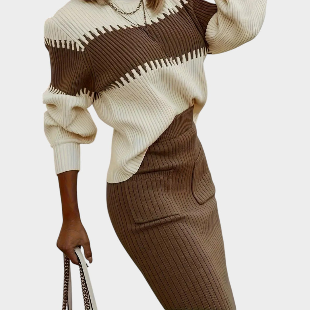 Women’s Ribbed Two Piece Set Color Block Knit Sweater