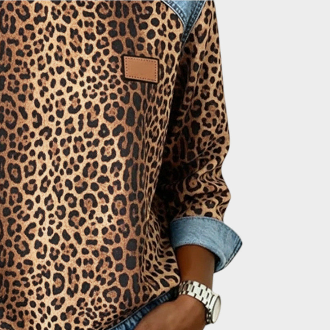 Women’s Sweater Leopard Print Denim Trim Relaxed Fit