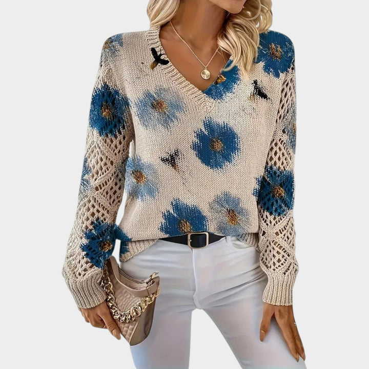 Women’s Floral Knitted Sweater Polished V Neck