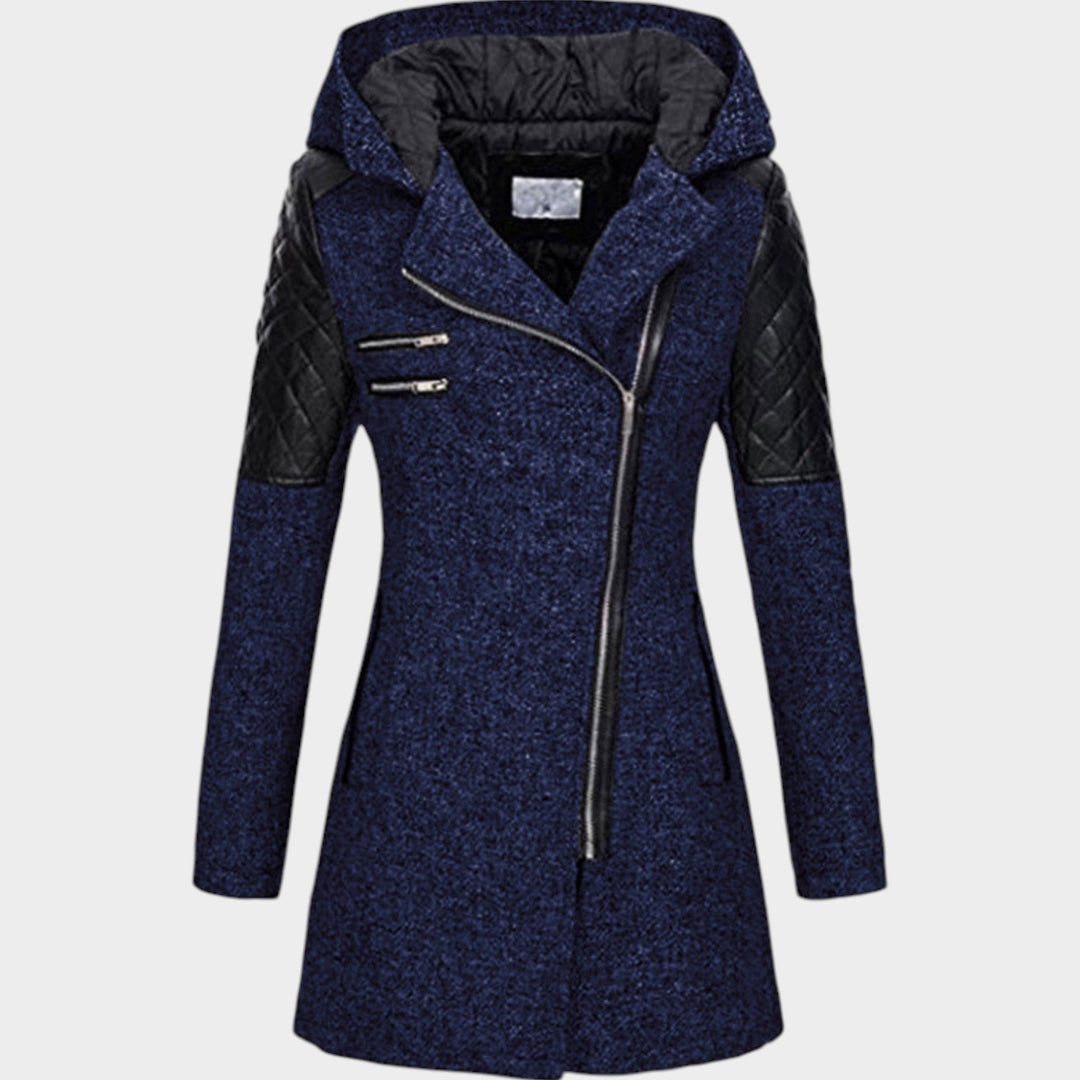 Women’s Hooded Coat Asymmetric Zip Front Quilted Sleeves