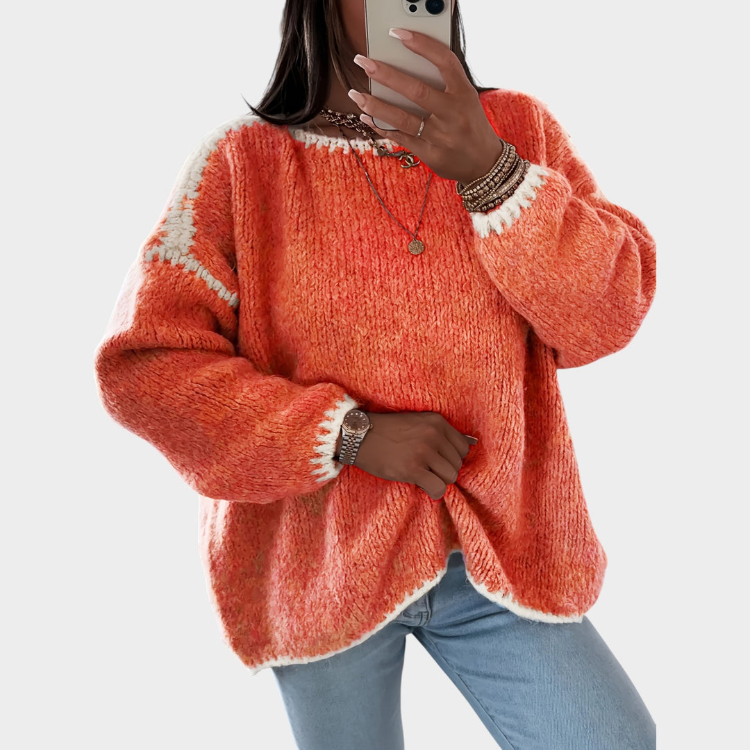 Women’s Knit Sweater Solid Contrast Boat Neck Loose Fit