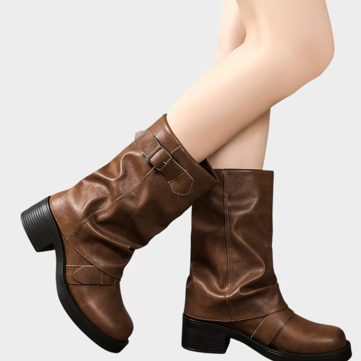 Women’s Slouch Boots Buckle Chunky Heel Thick Sole Pleated