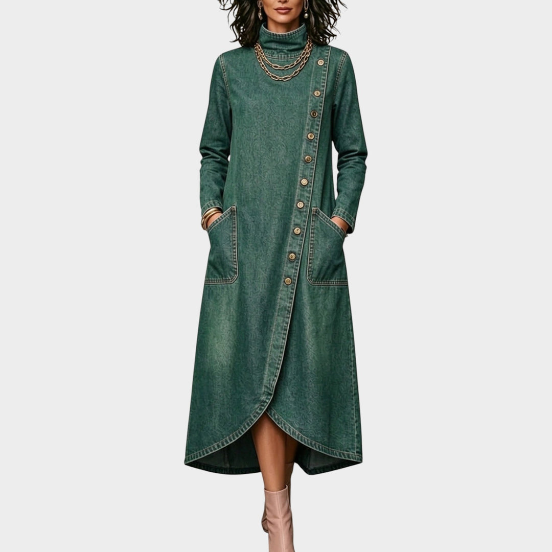 Women’s Denim Maxi Dress High Neck Diagonal Button Front