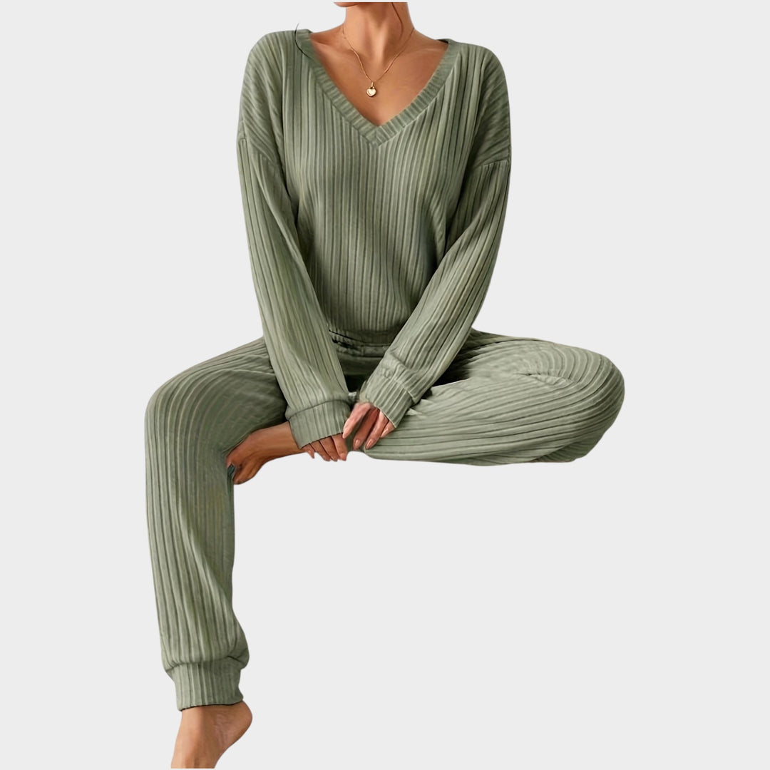 Women’s Matching Set 2 Piece Lounge Set Casual V Neck Ribbed Knit