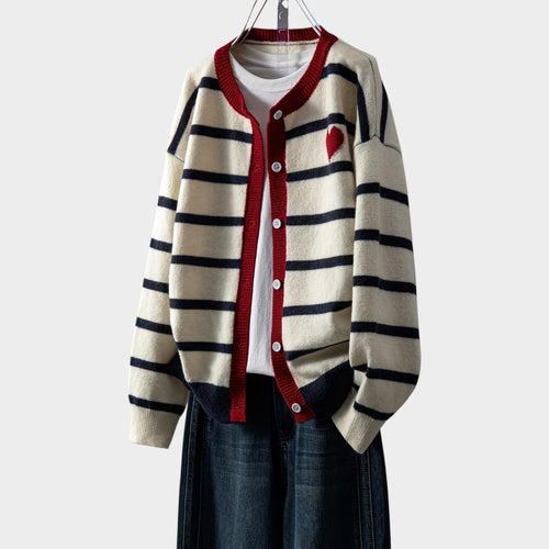 Women's Striped Knit Cardigan Heart Pattern Button Front