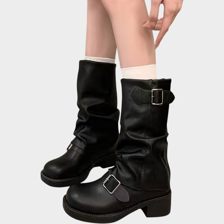 Women’s Slouch Boots Buckle Chunky Heel Thick Sole Pleated