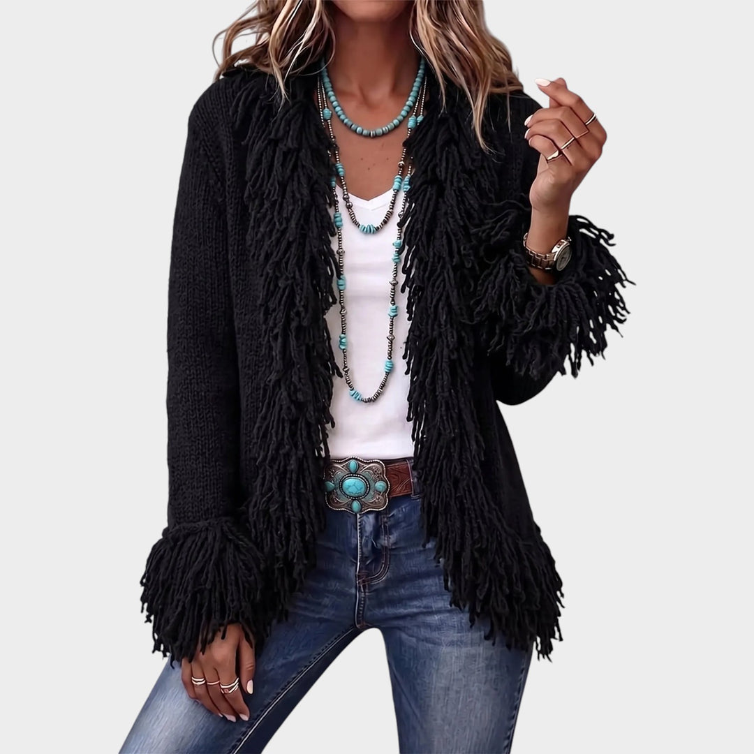 Women’s Knit Cardigan Fringe Trim Open Front Cozy Style