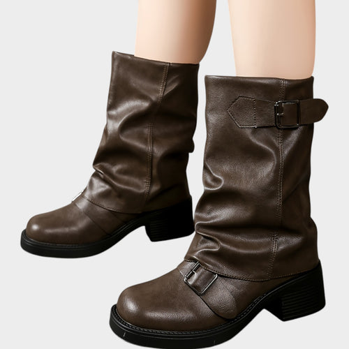 Women’s Slouch Boots Buckle Chunky Heel Thick Sole Pleated