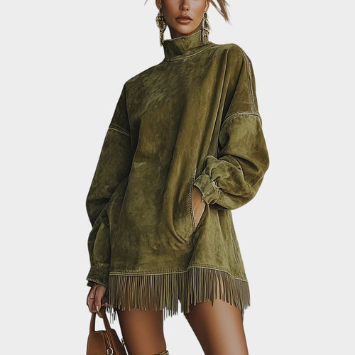 Women's Sweater Dress Knit Long Sleeve Fringe Hem