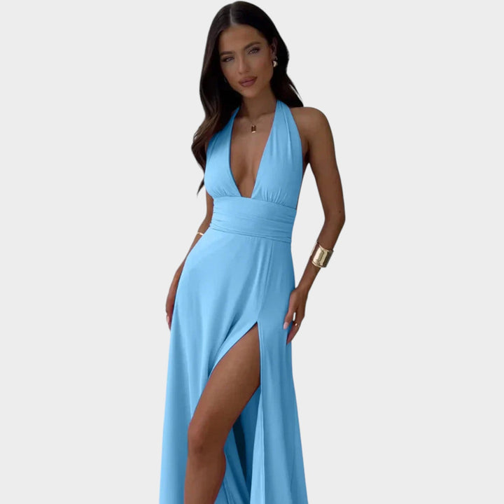 Deep V Halter Neck Formal Maxi Dress