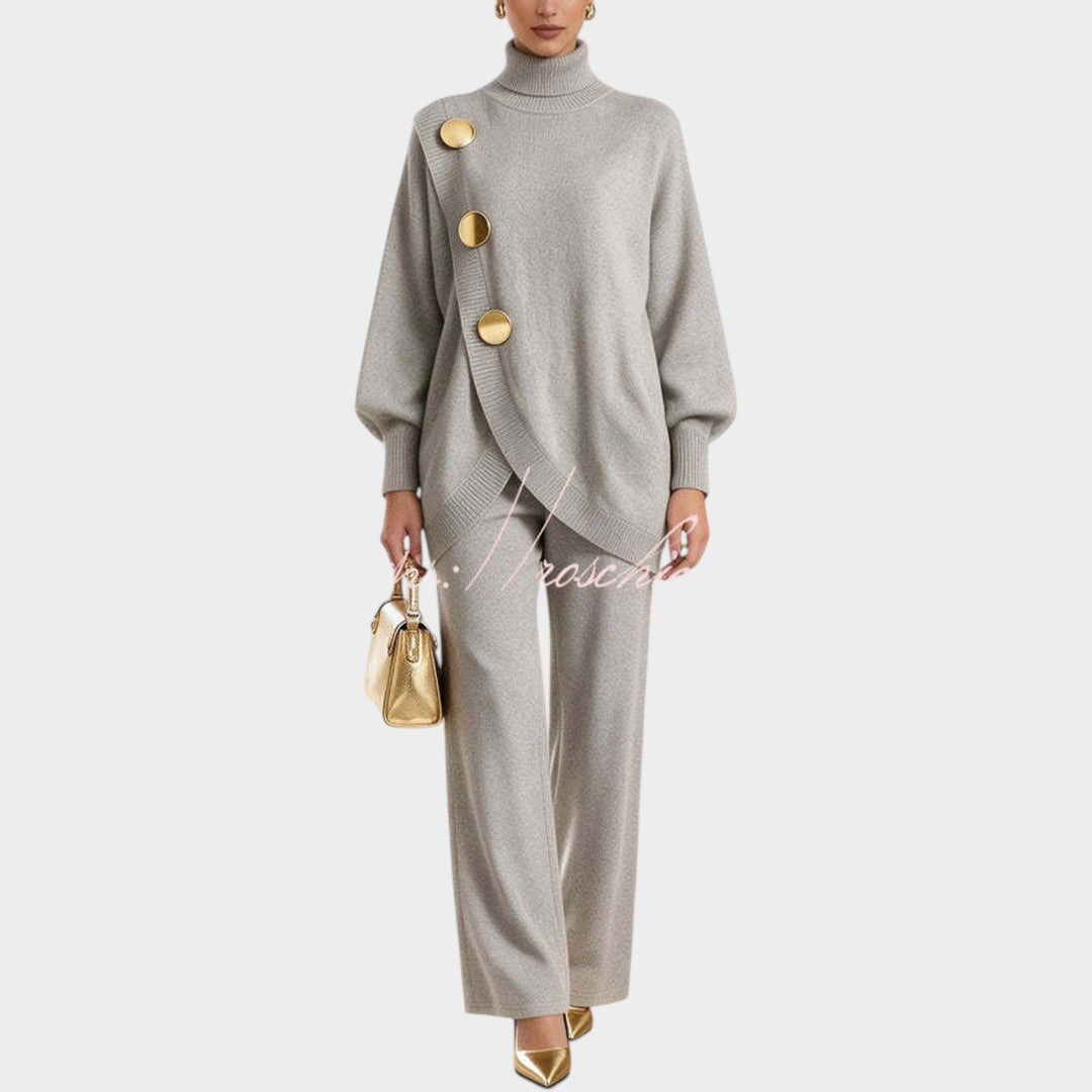 Women’s Knit Top and Pants Set Asymmetric Button Wide Leg