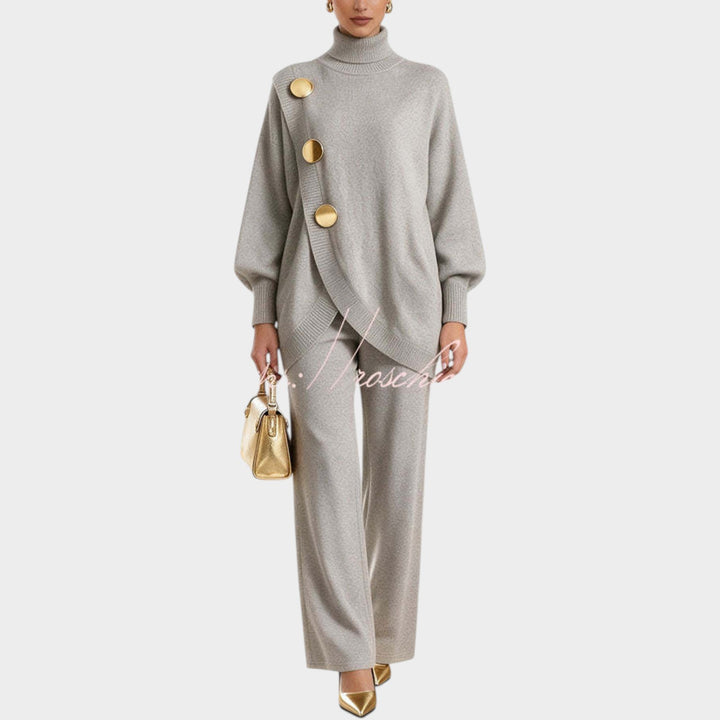 Women’s Knit Top and Pants Set Asymmetric Button Wide Leg