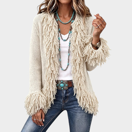 Women’s Knit Cardigan Fringe Trim Open Front Cozy Style