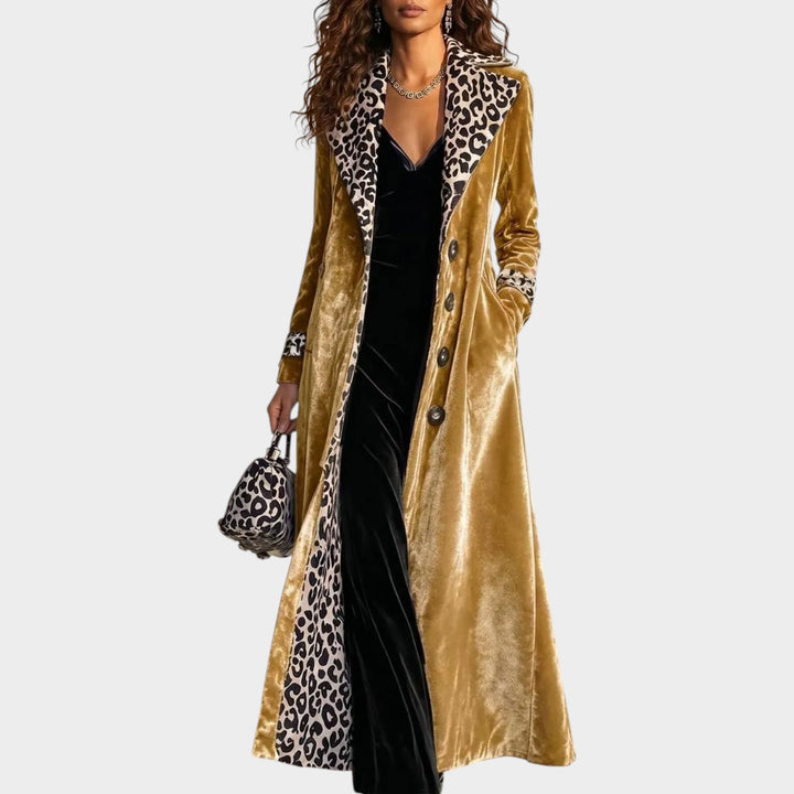 Women’s Velvet Long Coat Leopard Print Color Block