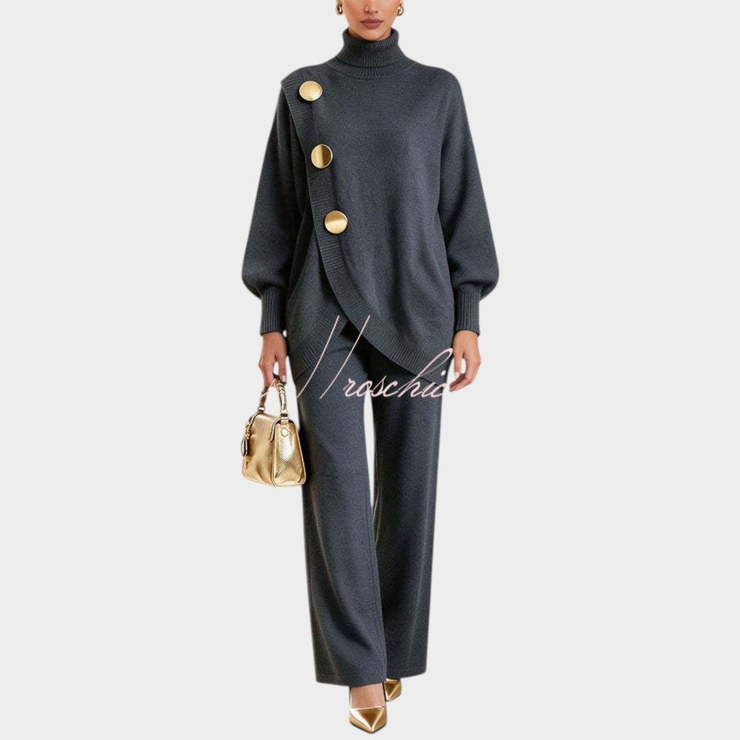 Women’s Knit Top and Pants Set Asymmetric Button Wide Leg