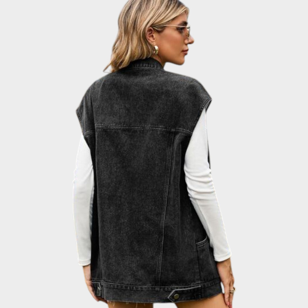Button-Front Sleeveless Denim Vest