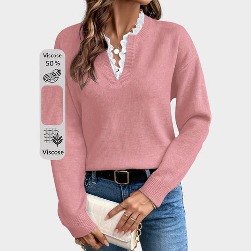 Women’s Knit Sweater Lace Collar Drop Shoulder Long Sleeve