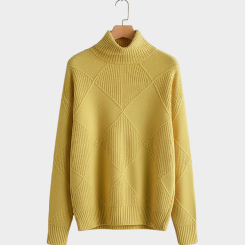 Women's Knit Turtleneck Sweater Diamond Pattern Cozy High Neckline