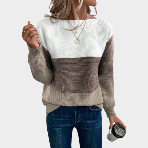 Women's Knit Crew Neck Sweater Color Block Long Sleeves
