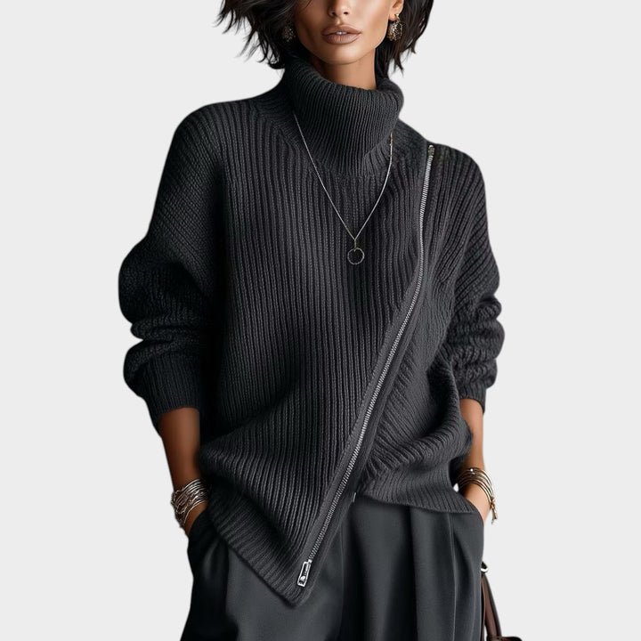 Women’s Turtleneck Knit Sweater Asymmetric Zip Front