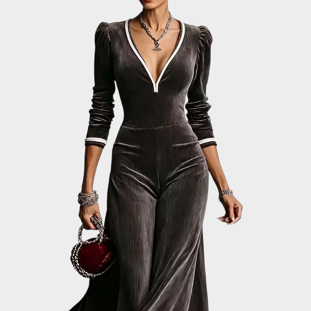 Women’s Wide Leg Jumpsuit V-Neck Contrast Trim