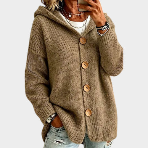 Women’s Hooded Knit Cardigan Button Front Relaxed Fit