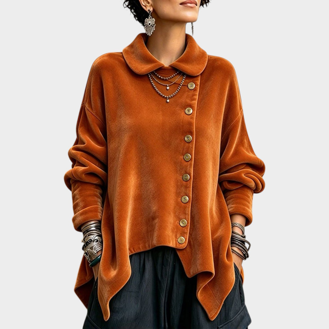 Women’s Velvet Cardigan Statement Button Draped Hem