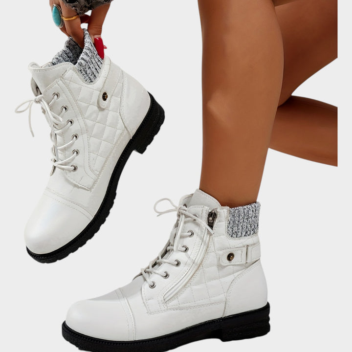 Women’s Ankle Boots Winter Plaid Embroidered Lace Up Side Zip